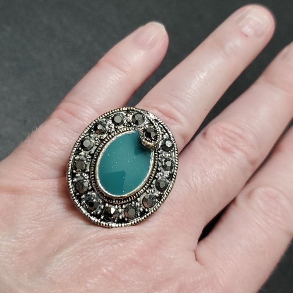 Silver tone teal enamel ring adjustable oval